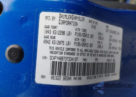 2003 Chrysler Pt Cruiser z USA, uszkodzony, nr VIN 3C4FY48B73T534197